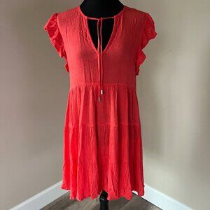 Elan Ruffle Cap Sleeve Tiered Cover-Up Dress - Size Small - Red Coral